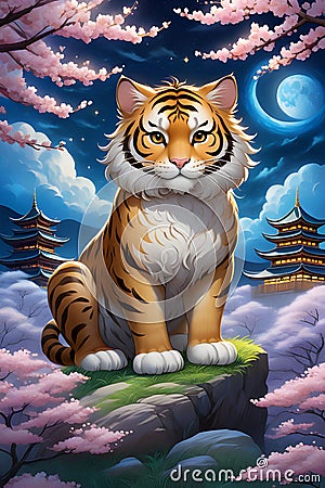 A charming tiger sitting on a cliff, in a spring night, with sakura tree blossoms, ancient architecture, moonlit, painting art Stock Photo