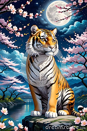 A charming tiger in a spring night, with sakura tree blossoms, moonlit, twinkling stars, fluffy clouds, painting, Van Gogh Stock Photo