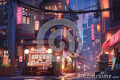 A Charming Tokyo Cityscape At Twilight, With Animeinspired Architecture And Cozy Streets Stock Photo
