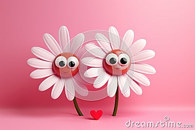 Valentine's Day scene with two affectionate white cartoon daisies, face emotion featuring loving eyes, red heart, blooms Stock Photo