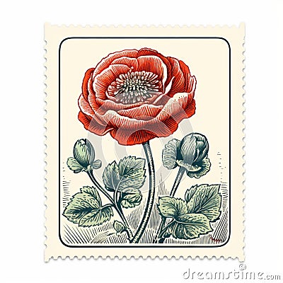 Charming Victorian-inspired Red Flower Postage Stamp Illustration Cartoon Illustration