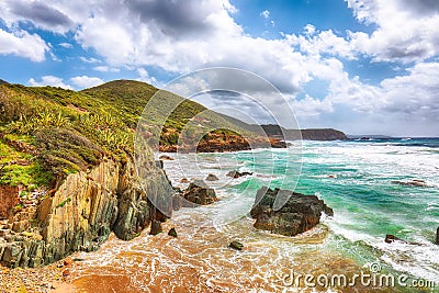 Charming view of beach Portu Cauli in Masua Stock Photo