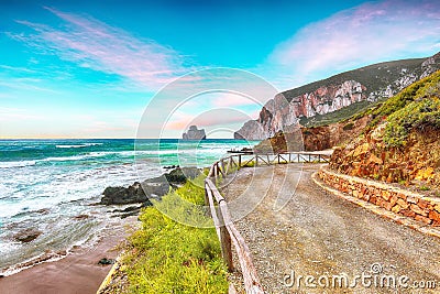 Charming view of beach Portu Cauli in Masua with Pan di Zucchero at background Stock Photo