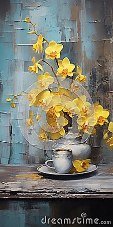 Charming Vignettes: Yellow Orchids In A Cup And Mug Oil Painting Stock Photo