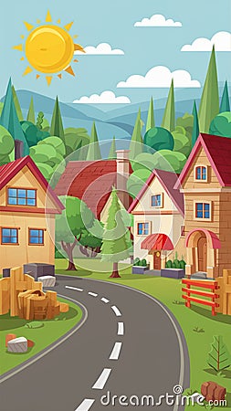 Charming village background with sun, houses, trees, and road Stock Photo