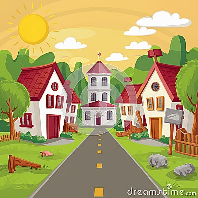 Charming village background with sun, houses, trees, and road Stock Photo
