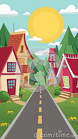 Charming village background with sun, houses, trees, and road Stock Photo