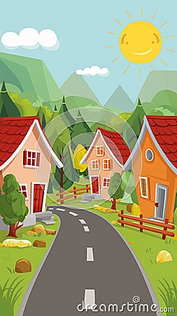 Charming village background with sun, houses, trees, and road Stock Photo