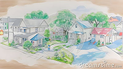 Charming Village Home: Kindergarten Art Delight Stock Photo