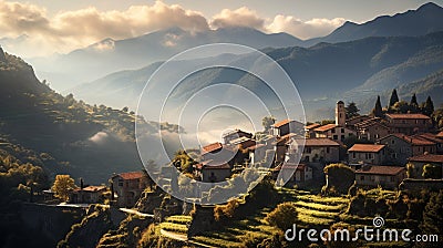 A charming village nestled in the hills, the rooftops and winding streets softened into a delightful bokeh against the backdrop of Stock Photo