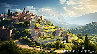 A charming village nestled in the hills, the rooftops and winding streets Stock Photo