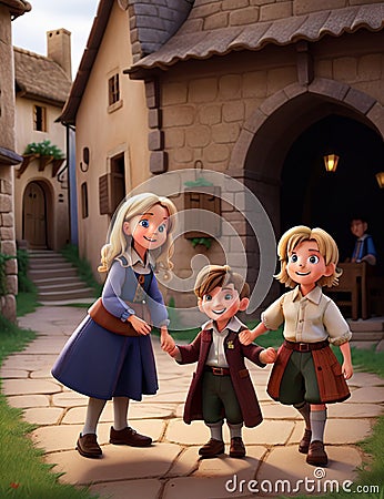 Charming Village Scenes: Cute Little Boys and Girls. AI-Generated Stock Photo