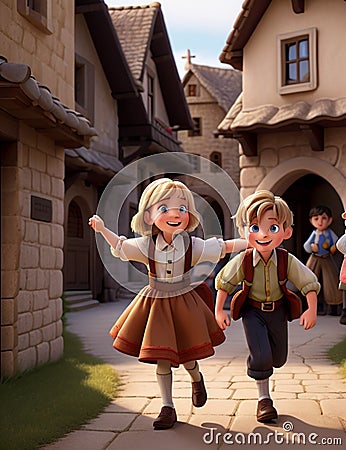 Charming Village Scenes: Cute Little Boys and Girls. AI-Generated Stock Photo