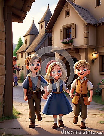 Charming Village Scenes: Cute Little Boys and Girls. AI-Generated Stock Photo