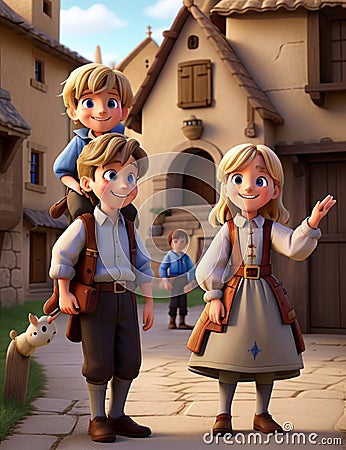 Charming Village Scenes: Cute Little Boys and Girls. AI-Generated Stock Photo