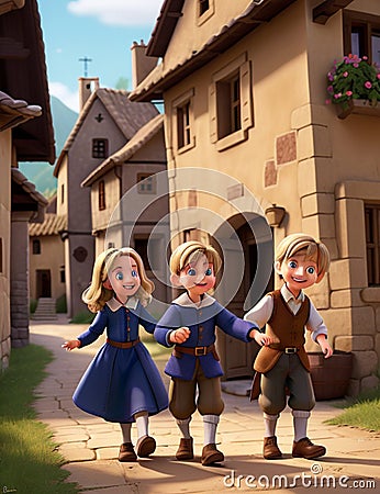 Charming Village Scenes: Cute Little Boys and Girls - AI-Generated Stock Photo