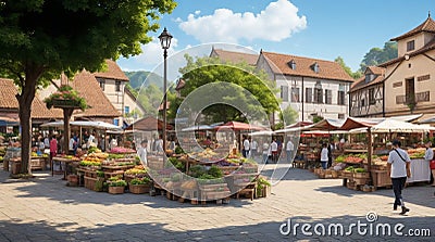A charming village square with a bustling market. Stock Photo