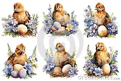Charming Watercolor Chickens Stock Photo