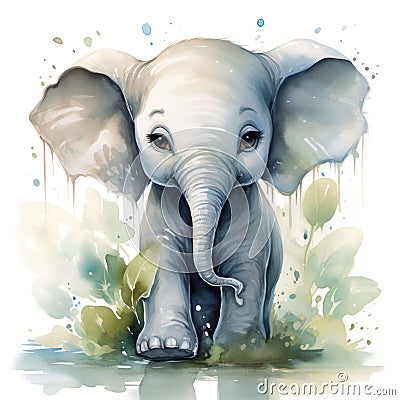 Charming Watercolor Portrait of a Tiny Elephant Stock Photo