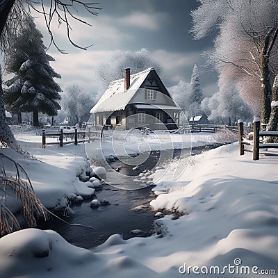 Charming Winter Picture of Petite Snowy Village ? Stock Photo