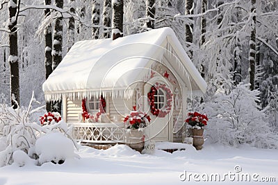 Charming winter wonderland festive christmas cottage with snowy decorations and delicate wreath Stock Photo