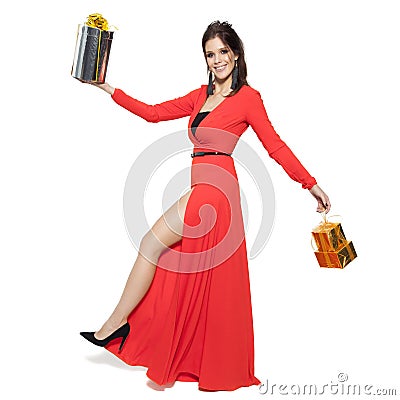 Charming Woman Holding Gifts. Happy New Year. Marry Christmas. I Stock Photo