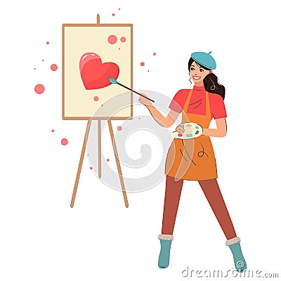 Charming woman paints a bright heart on the canvas. A contemporary artist creates a picture of love. Young cheerful Vector Illustration