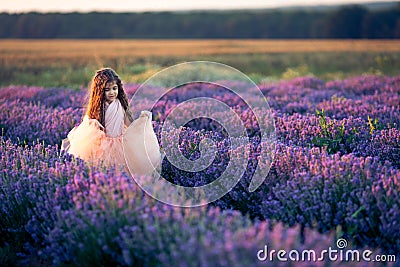 Gorgeous young girl walking along the rows of the lavender field Stock Photo