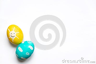 Charmingly colorfully decorated Easter eggs with child's paintings. Funny festive preoccupations Stock Photo