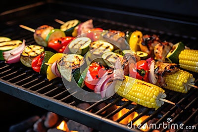 charred corn on the cob and skewered vegetables on a grill Stock Photo