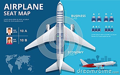 Chart airplane seat, plan, of aircraft passenger. Aircraft seats plan top view. Business and economy classes airplane Vector Illustration