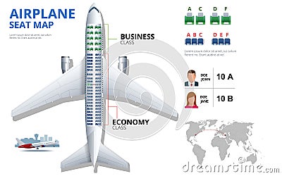 Chart airplane seat, plan, of aircraft passenger. Aircraft seats plan top view. Business and economy classes airplane Vector Illustration