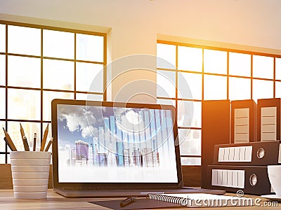 Chart buildings laptop screen Stock Photo