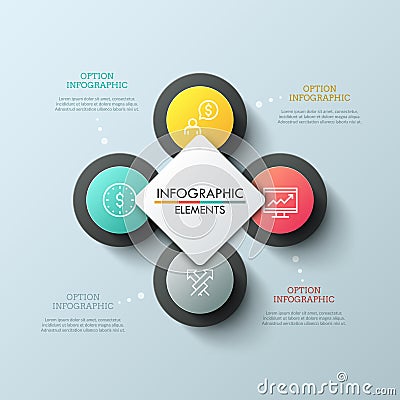 Chart with 4 circular elements, thin line icons inside them and white square in center. Four steps of cyclical process Vector Illustration