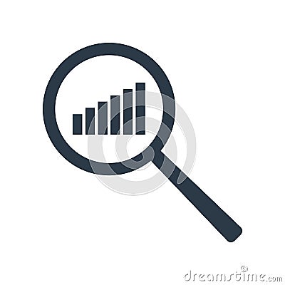 Chart icon. Increase schedule in magnifier. Analysis and statistics data symbol. Vector illustration isolated on white background. Vector Illustration