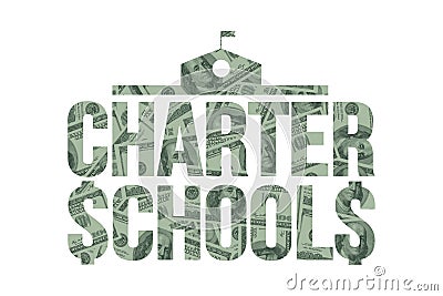 Charter School and Money, One Hundred Dollar Bills and Schoolhouse Stock Photo