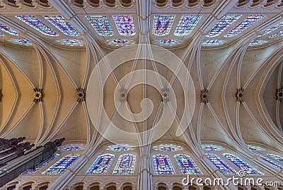 Chartres Cathedral vaulted roof and stained glass windows Stock Photo