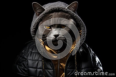 Chartreux Cat Dressed As A Rapper On Black Background Stock Photo