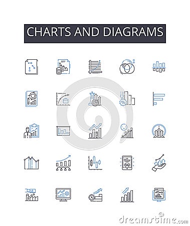 Charts and diagrams line icons collection. Numbers figures, Maps blueprints, Facts statistics, Information data, Numbers Vector Illustration