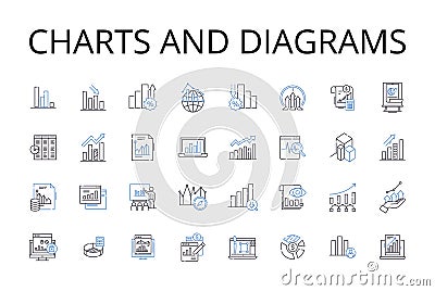 Charts and diagrams line icons collection. Numbers figures, Maps blueprints, Facts statistics, Information data, Numbers Vector Illustration