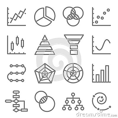 Charts and Diagrams Vector Color Line Icon Set. Contains such Icons as Venn Diagram, Dot Plot, Spiral Graph and more. Expanded Str Vector Illustration