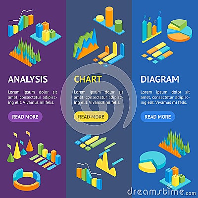 Charts and Graphs Banner Vecrtical Set 3d Isometric View. Vector Vector Illustration