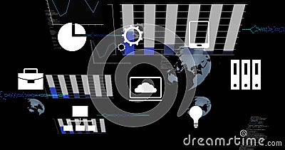 Charts, graphs, and technology icons image over dark background with data visualizations Stock Photo