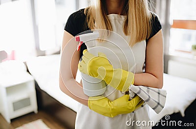 Charwoman in white apron Stock Photo