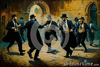 Chassidim Jewish Men dancing in Jerusalem Cartoon Illustration