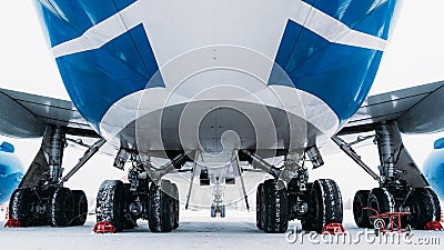 Chassis cargo aircraft Boeing 747. Airport In winter. Stock Photo