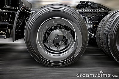 Chassis with wheels and fifth wheel coupling of a modern heavy black big rig semi truck Stock Photo
