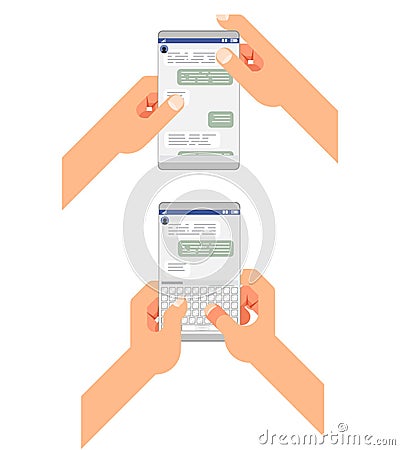 Chat accept reading type send message social messenger window chatting messaging mobile phone hands concept flat design Vector Illustration