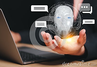 Chat with AI, Artificial Intelligence. man using technology smart robot AI, artificial intelligence by enter command prompt Stock Photo