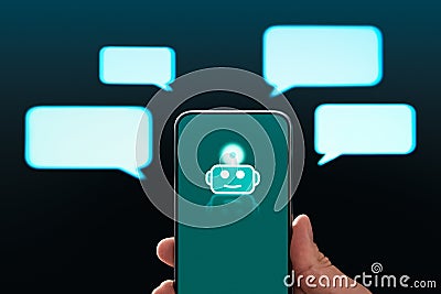 Chat bot. AI chatbot customer service. Live support, assistant and online help on website. Messages and mobile phone with robot. Stock Photo